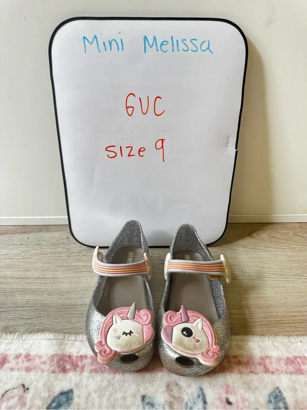 Mini Melissa Silver Glitter Mary Jane Shoes with Pink Unicorn Appliques